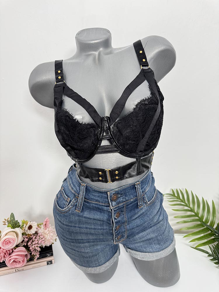 Sutien imitatie piele si dantela fara burete M